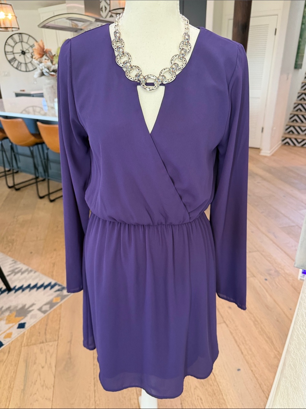 Everly Deep Purple Long-Sleeve Wrap-Front Dress Size Small Office Dress